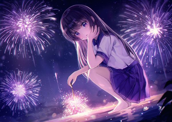 anime,anime girls,fireworks,uniform,brunette,long hair