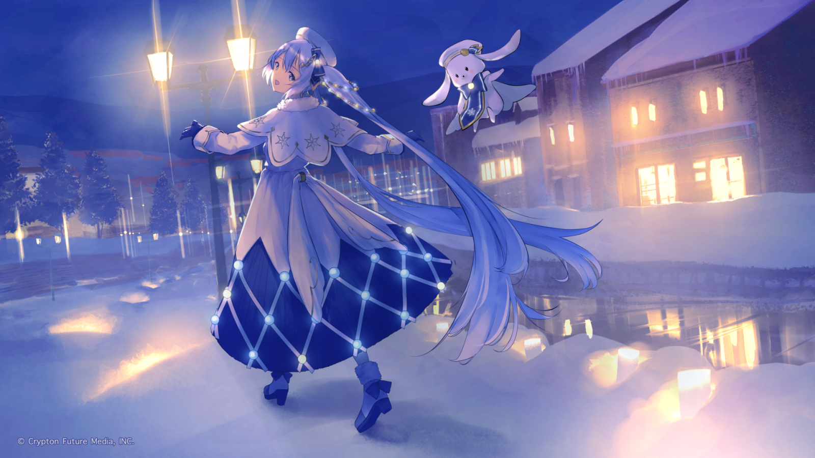 Snow Miku, snow, bunny, evening, Christmas, blue, white, yellow, anime, anime girls, cute, magical, world, light, azure, dress, purple, building, window, Freezing, entertainment, performing arts, ART, sky, cg artwork, electric blue, fun, winter, performance art, event, wing, fictional character, recreation, city, costume design, performance, Animated cartoon, tradition, mythology, night, animation, stage, angel, illustration, dragon, choreography, ice, fiction