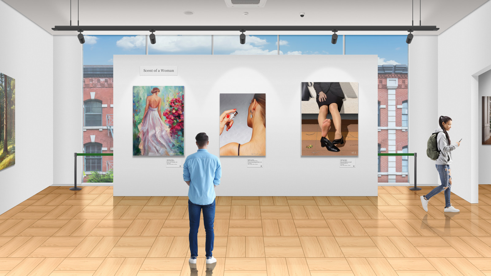 art gallery, canvas, oil painting, Perfume, picture, rose, scent of a woman, woman