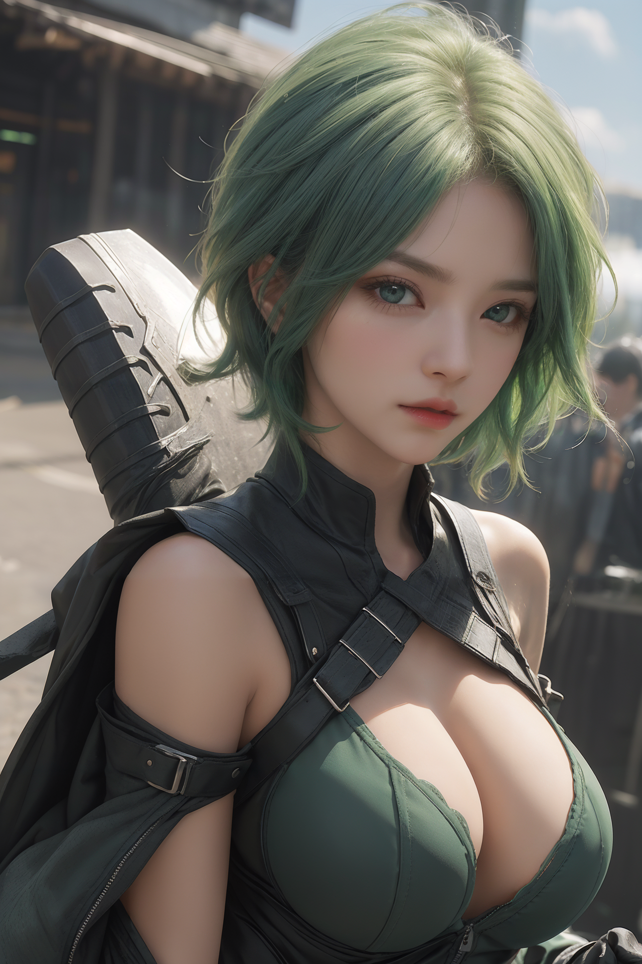 AIGC, anime girls, beautiful, cleavage, cosplay, female, girl, green hair, long hair, sweet, warrior
