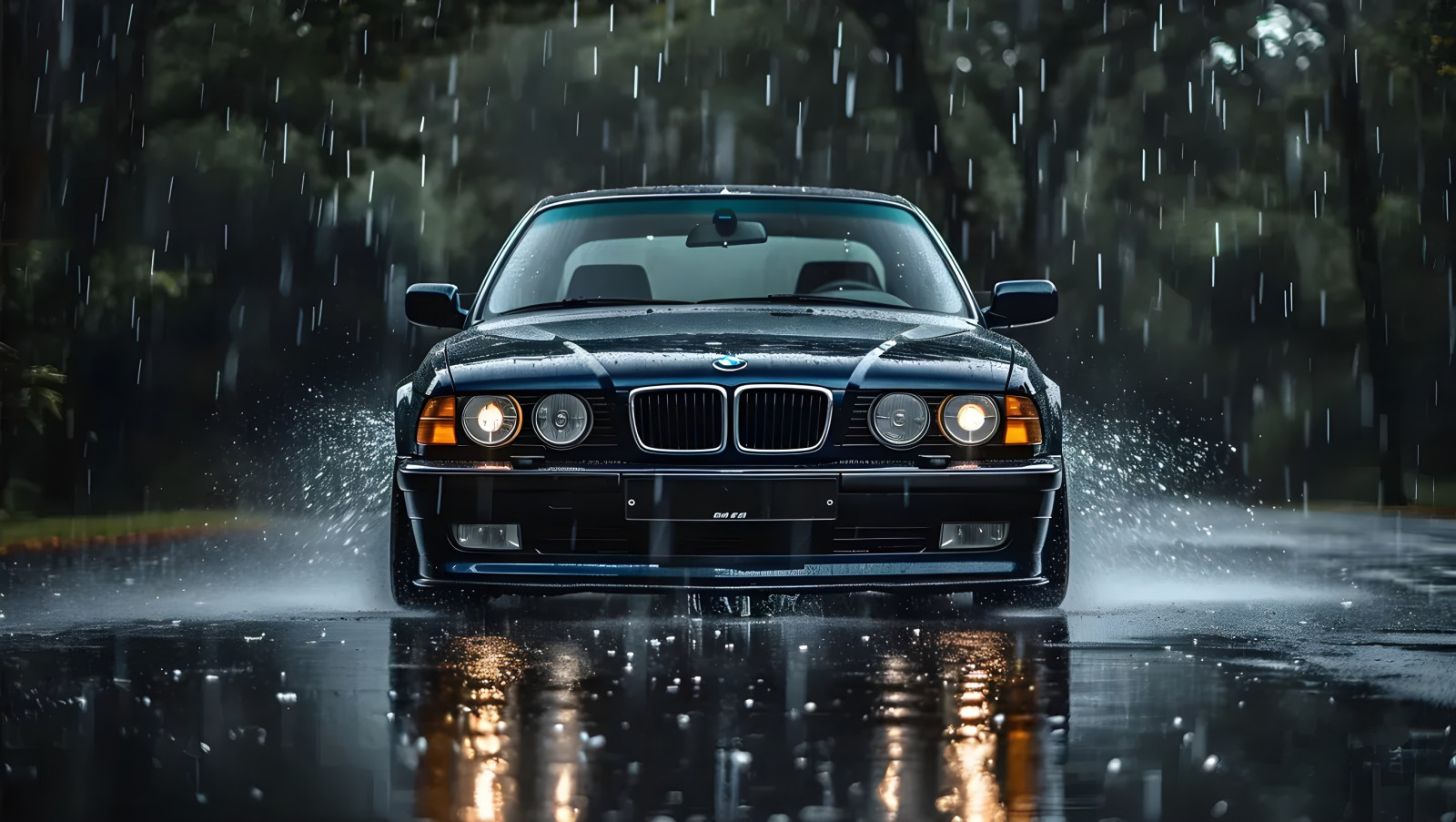 BMW, car, dark blue, rain, tree