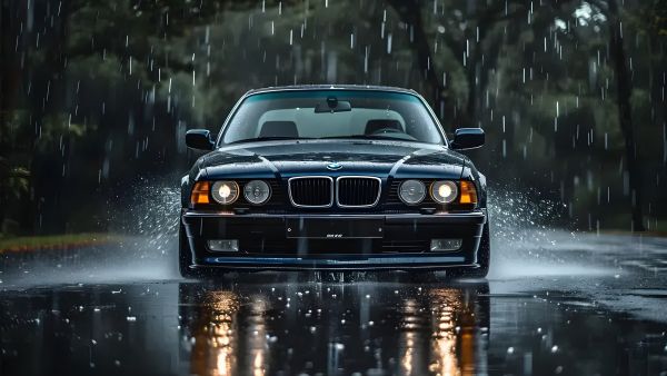 tree,BMW,car,dark blue,rain