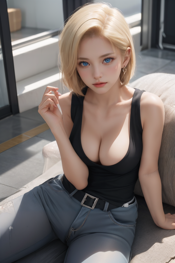 AIGC, Android 18, beautiful, breasts, cleavage, cosplay
