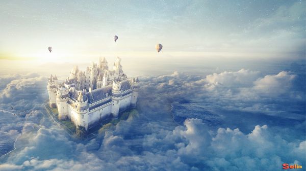 castle,cloud,fantastic,sea,sky,balloon