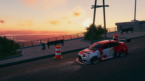 red,anime,lancer,landscape,Mitsubishi,sunset