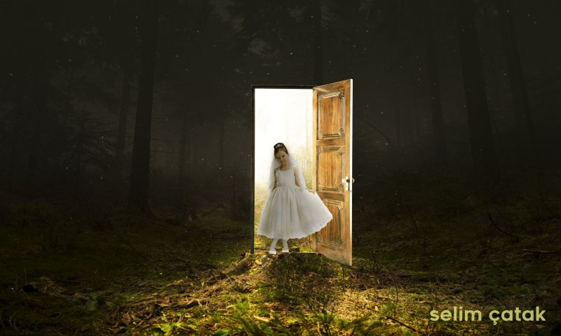 dør,pige,grøn,træ,hvid,bryllupskjole