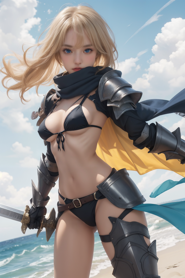 armor,bikini,breasts,cape,cleavage,girl