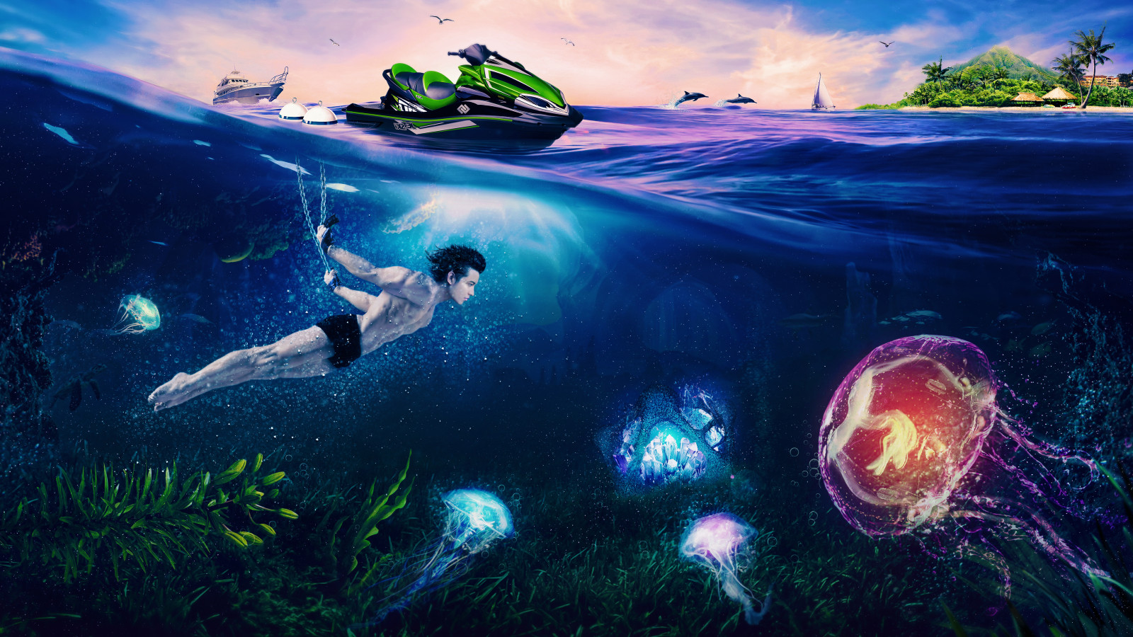 beach, diving, jellyfish, jet ski, nature, ocean, resort, sea, underwater