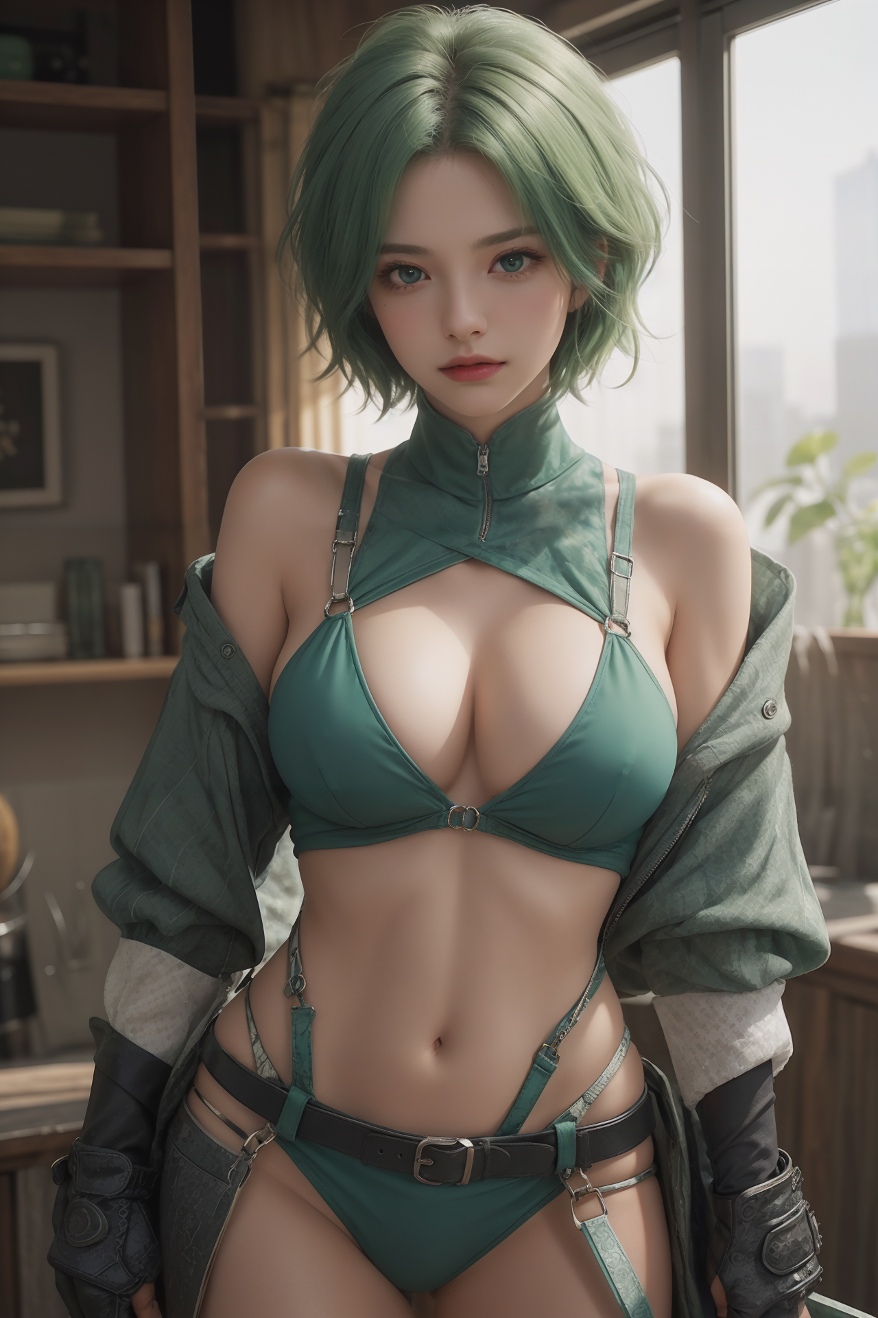 AIGC, anime girls, beautiful, cleavage, cosplay, female, girl, green hair, long hair, sweet, warrior