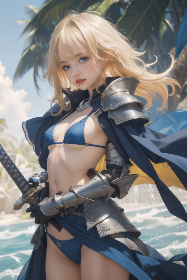 armor,bikini,breasts,cape,cleavage,girl