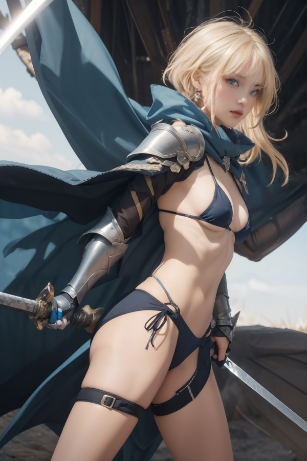 armor,bikini,breasts,cape,cleavage,girl