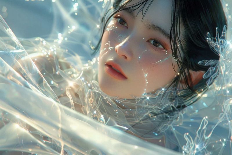 futuristický, neonová světla, technika, bílé šaty, žena