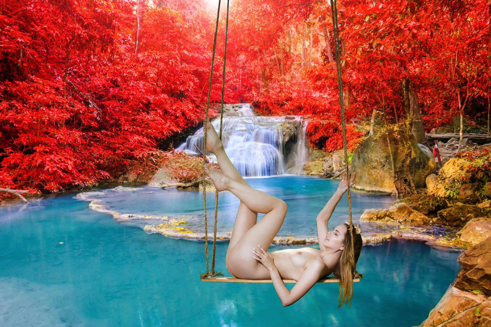 ass, autumn, blonde, boobs, model, naked, nipples, pond, sexy, swing, trees, waterfall