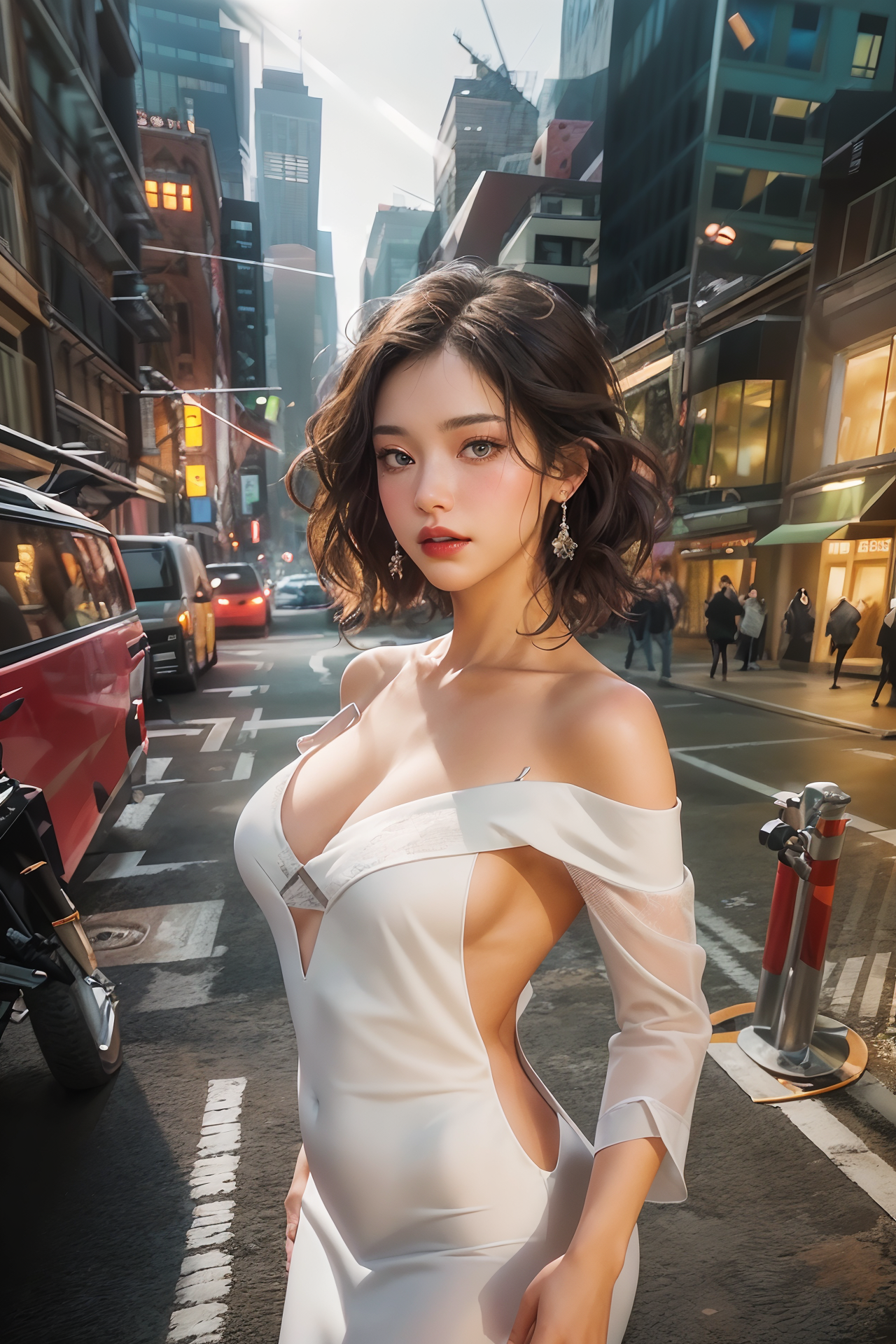 jewelry, girl, breasts, earrings, dress, ground vehicle, looking at viewer, road, street, outdoors, city