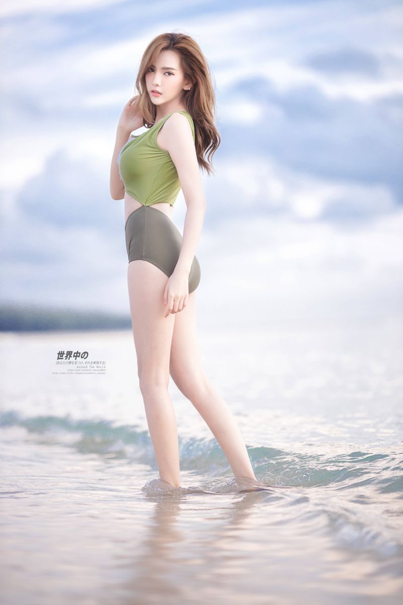 asijský, pláž, zelená, jeden kus, venkovní, mělká voda asijský, pláž, zelená, jeden kus, venkovní, mělká voda