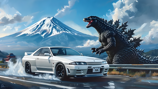 car,Nissan,fuji,Godzilla,Japan,painting