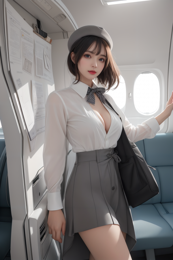 AIGC,airplane,attendant,beautiful,breasts,cleavage