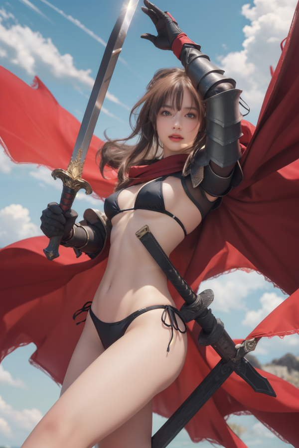 armor, bikini, breasts, cape, cleavage, girl