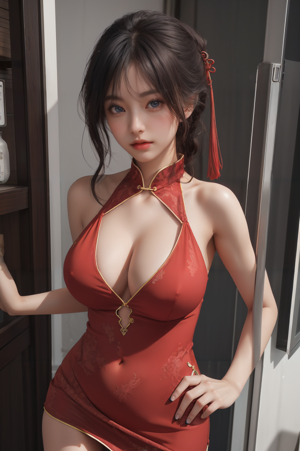 AIGC, beautiful, breasts, cheongsam, Chinese dress, cleavage