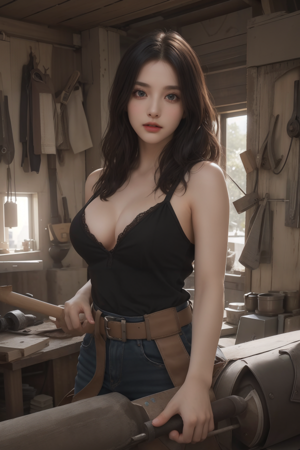 AIGC,breasts,cleavage,girl,counter,denim