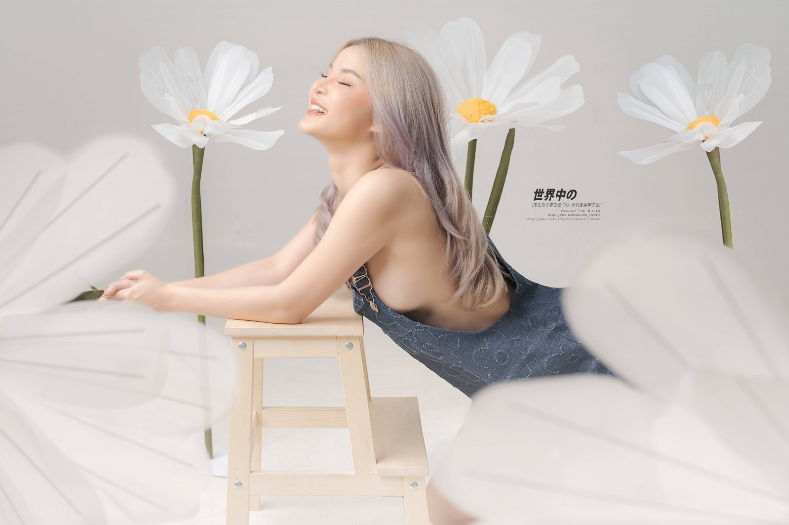 asiatico, indietro, sfondo, bellissimo, chiuso, Margherita, denim, occhi, fiori, grande, che ride, pendente, Basso, sopra, piccolo, sgabello, Studio, tailandese, superiore, bianca, donna, di legno, giovane