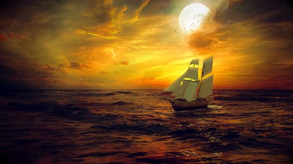 ship,birds,Moon,sunset,sea,view