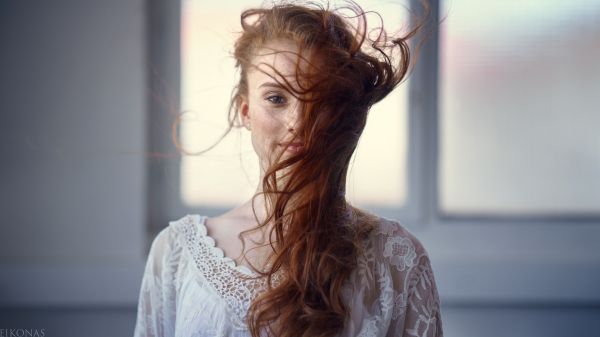 freckles,looking at viewer,redhead,white shirt,women,smiling