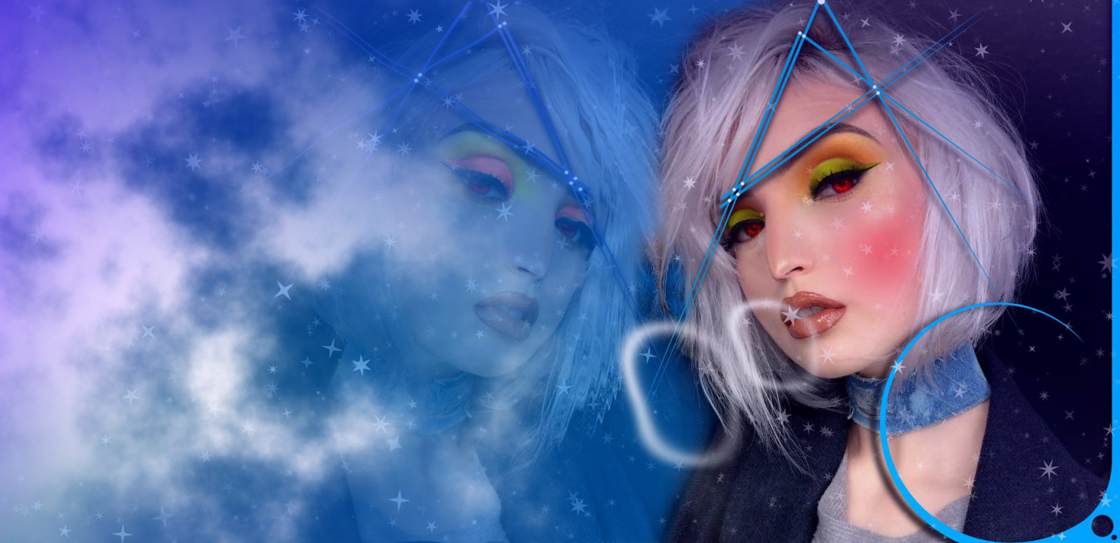 surreal, sensual, fantasy, beauty, creative, Concept, color, perfect face, portrait, imagination, girl, mystic, lines, snow, ice, reflection, cold, blue, white hair, red eyes, clouds