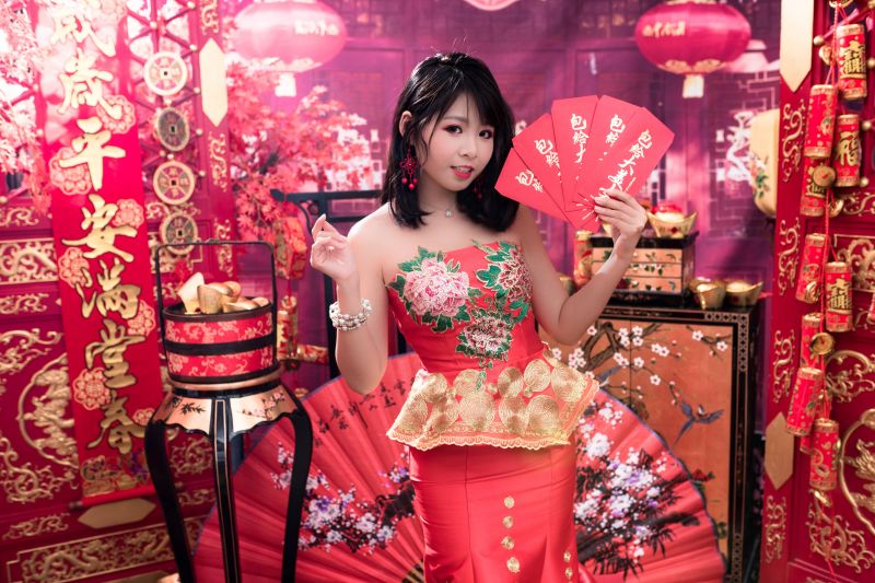 ázsiai, cheongsam, kínai újév, Arany, piros, nő ázsiai, cheongsam, kínai újév, Arany, piros, nő