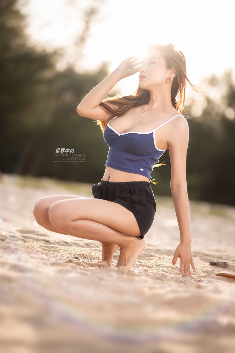 asiatisk,baggrundsbelyst,strand,sort,Afgrøde top,Golden Hour