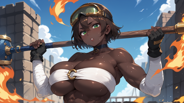 anime,dark skin,abs,bandaged arm,brown hair,choker