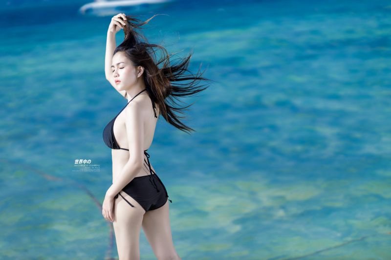 asijský, bikiny, Černá, čistá voda, oceán, stojící asijský, bikiny, Černá, čistá voda, oceán, stojící