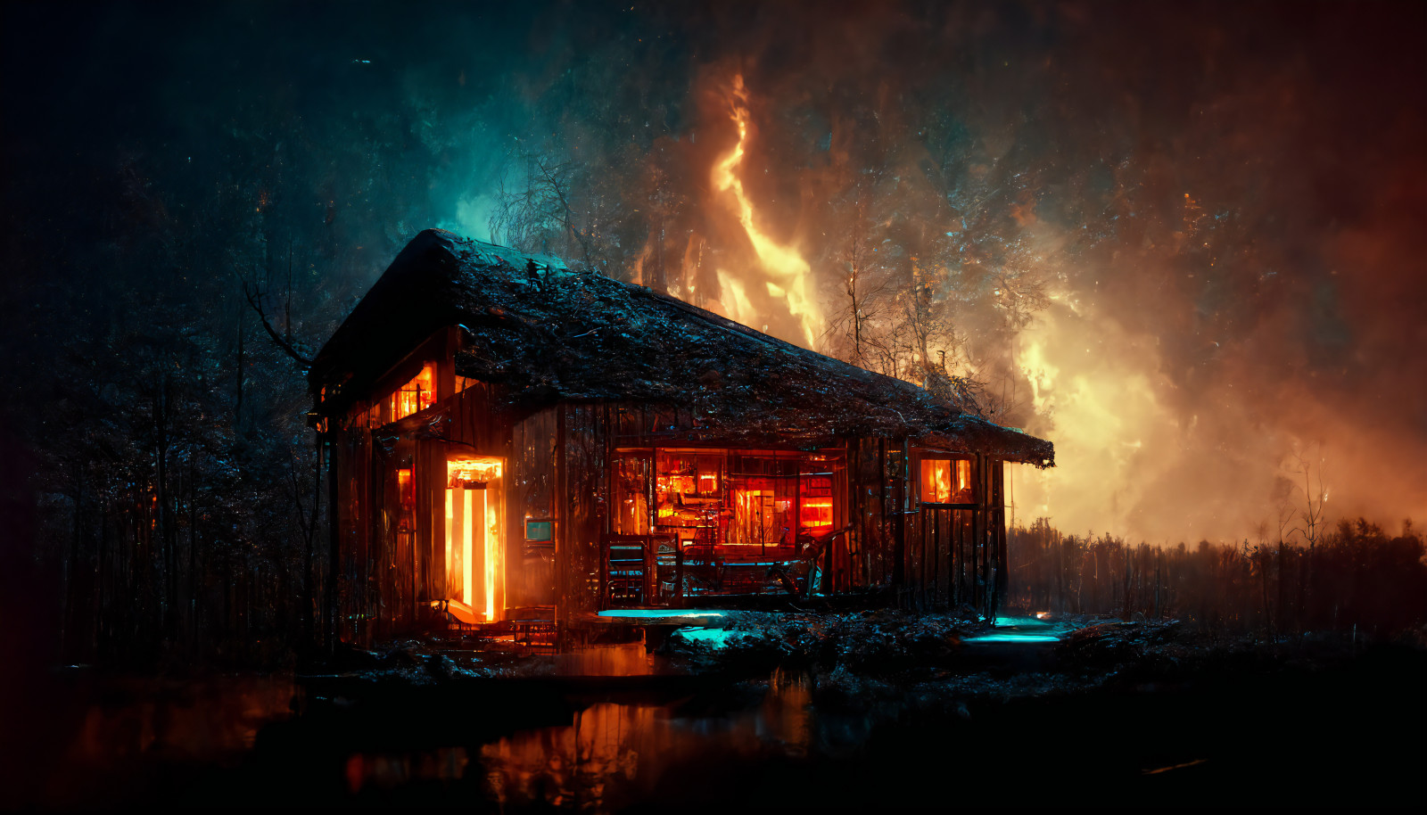 Wallpaper cabin, fire, concept art, dark 7168x4096 Lunadelmar