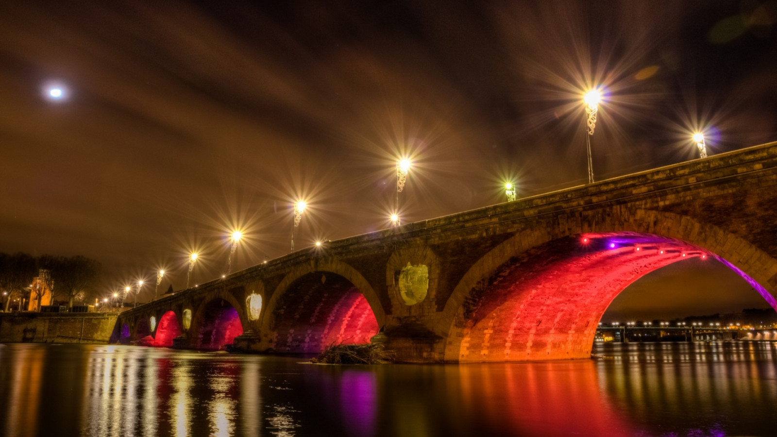paesaggio urbano, notte, riflessione, sera, ponte, Francia, Tolosa, Garonne, Pont Neuf, leggero, illuminazione