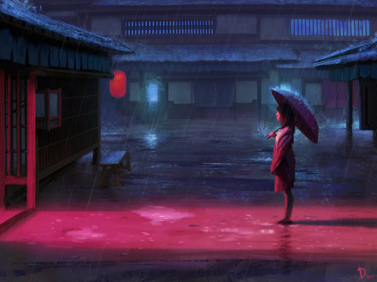 Dani Naimare, umělecká díla, young woman, ženy, stojící, deštník, déšť, noc, fan art, světla, digitální obraz, digitální umění, ArtStation