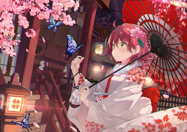 Hololive,Sakura Miko,flower in hair,umbrella,green eyes,hair ornament