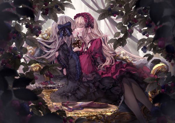 two women,chocolate box,face to face,food on face,blackberries,nail polish