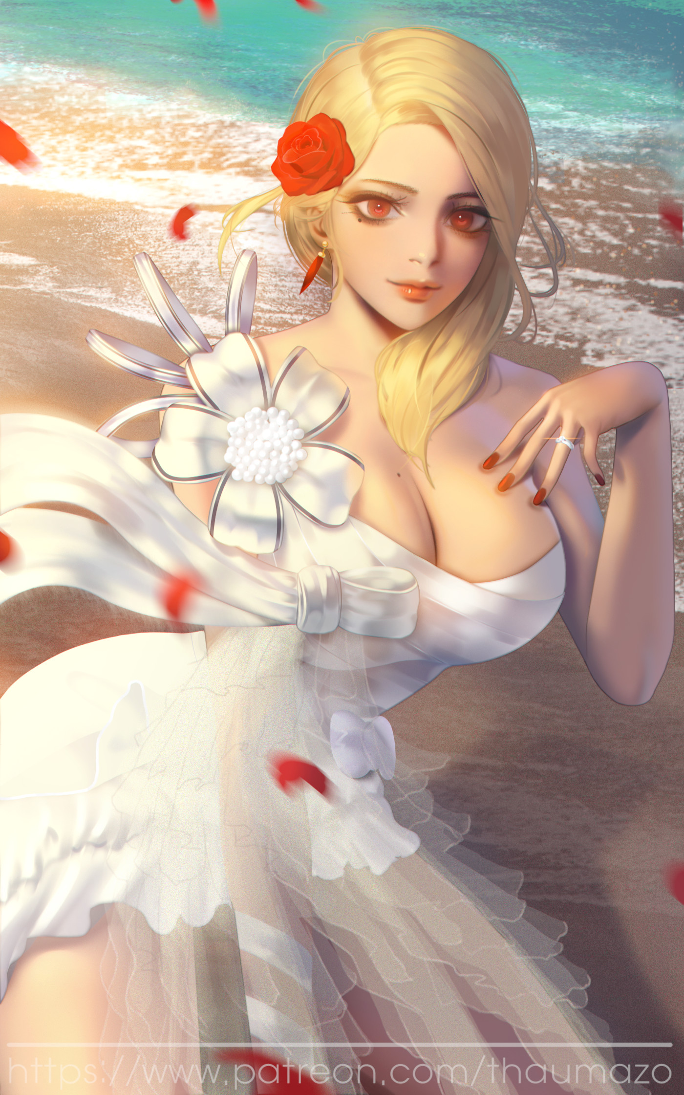 Seungyoon Lee, výkres, ženy, blondýnka, dlouhé vlasy, rovné vlasy, Květina ve vlasech, Vlasové příslušenství, růže, květiny, Lístky, nevěsty, šaty, bílé šaty, krajka, výstřih, šperky, kroužky, molů, červené oči, při pohledu na diváka, pláž, voda