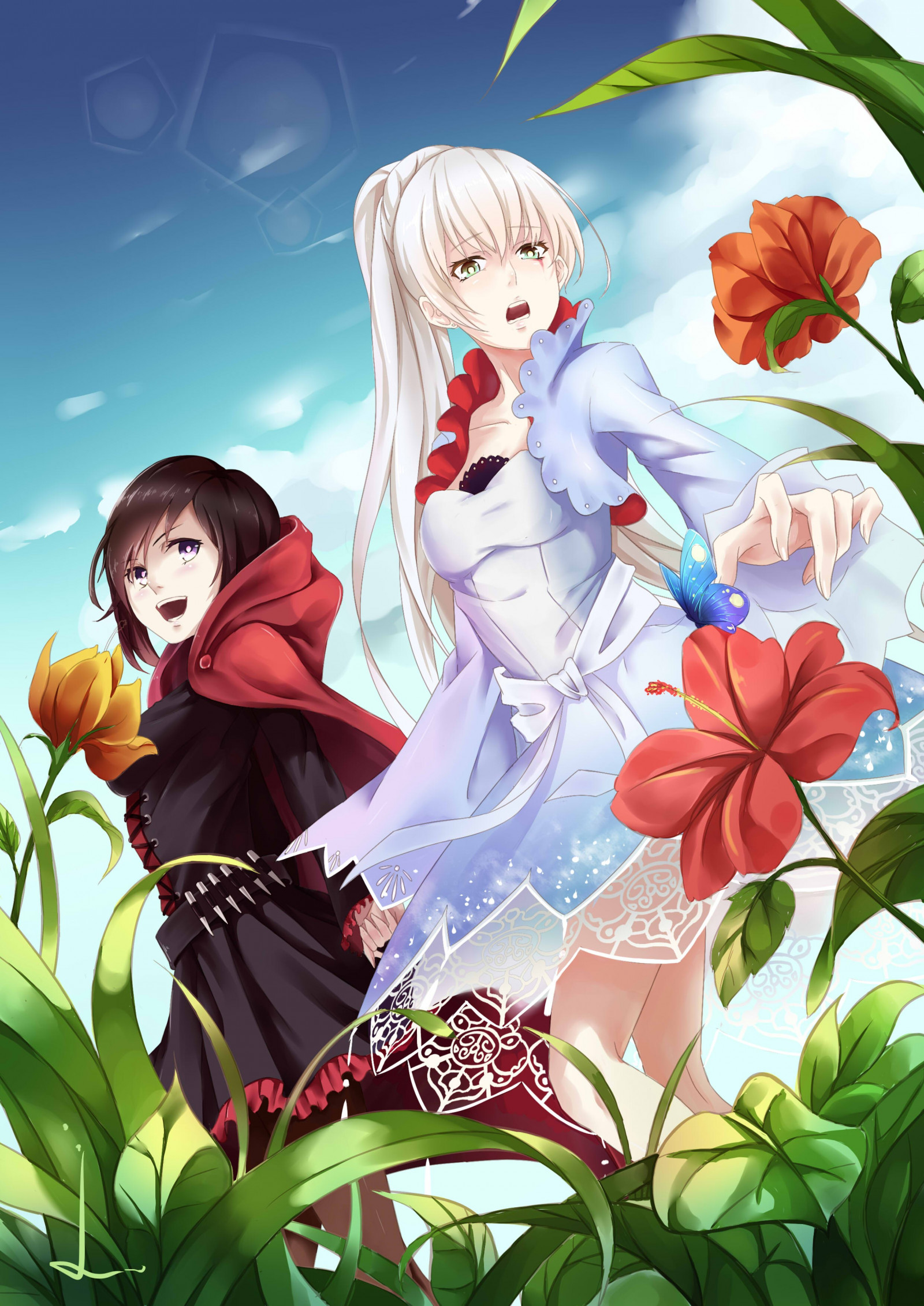Illustration, Blumen, lange Haare, weißes Haar, Anime, Anime Mädchen, Brünette, Himmel, Beine, Karikatur, RWBY, Blume, Mangaka
