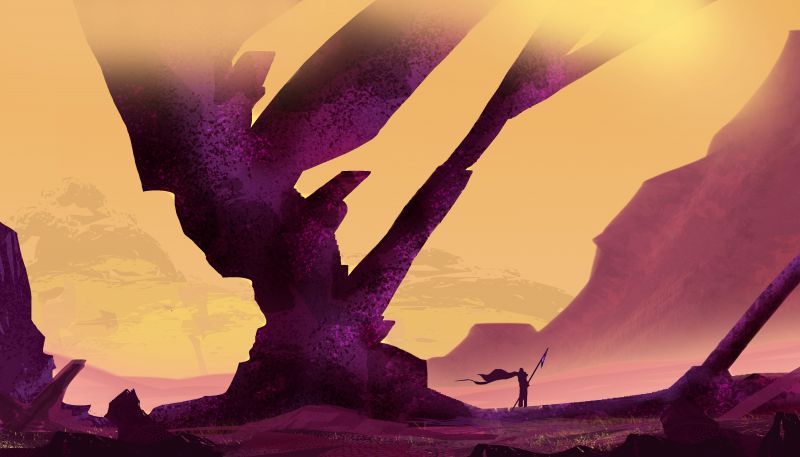 ilustrace, fantasy umění, umělecká díla, nachový, hory, západ slunce ilustrace, fantasy umění, umělecká díla, nachový, hory, západ slunce