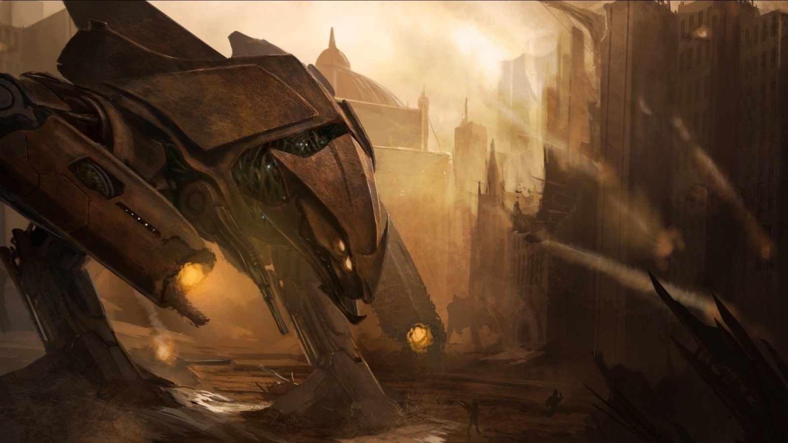 Fantasia arte, cidade, robô, futurista, obra de arte, soldado, arte conceitual, Trevas, Captura de tela, Papel de parede do computador, Jogo de pc
