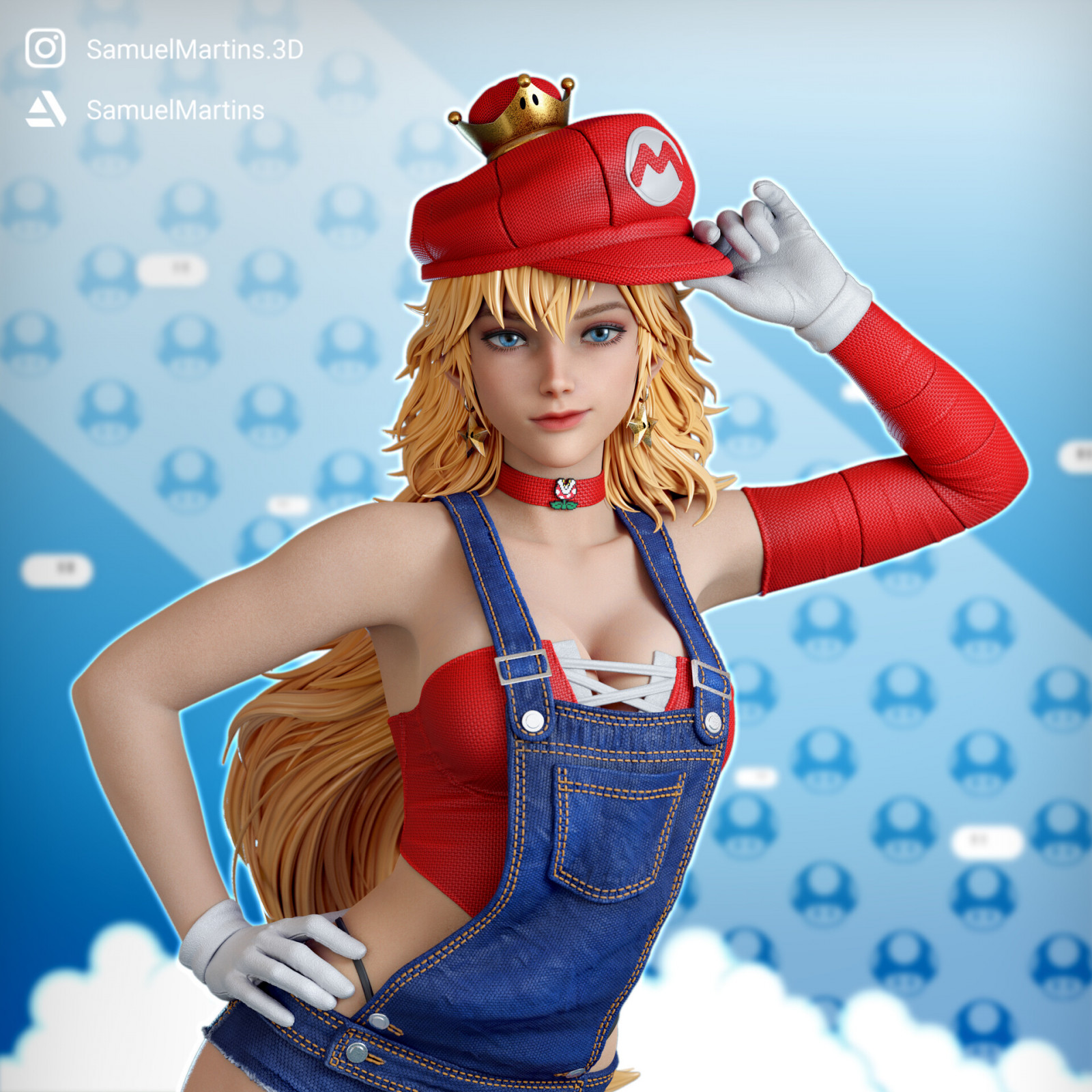 Samuel Martins, CGI, Super Mario, Prinsesse Peach, Crossdressing, Kvinder, hat, krone, rød tøj, overalls, blå øjne, Enkel baggrund