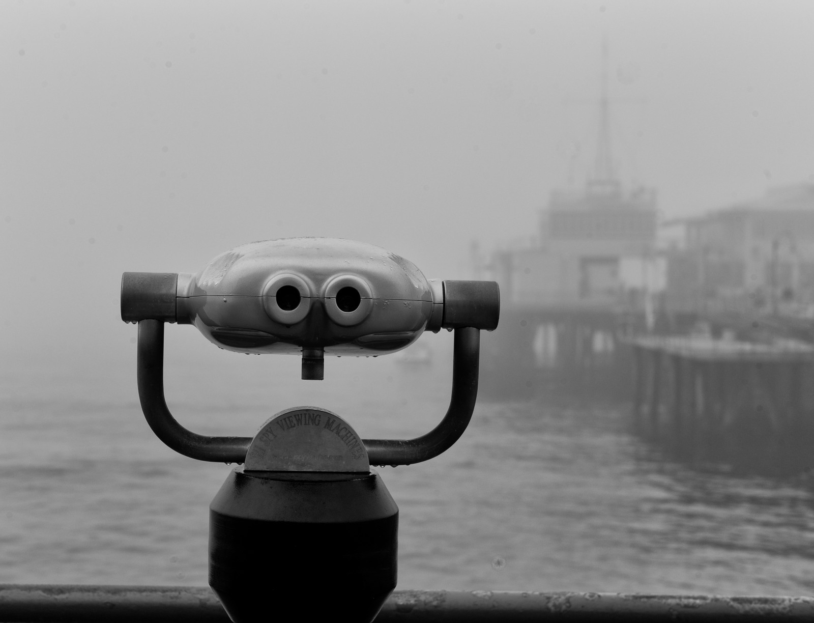 bílý, Černá, černobílý, záliv, vozidlo, molo, dalekohled, Leica, Noir, Los Angeles, Černý a bílý, mlhavý, mlha, počasí, tělesné, oceán, třídaFoto, santamonica, blanc, monochrom, LosAngeles, Černý a bílý, monochromatické fotografování, santamonicapier