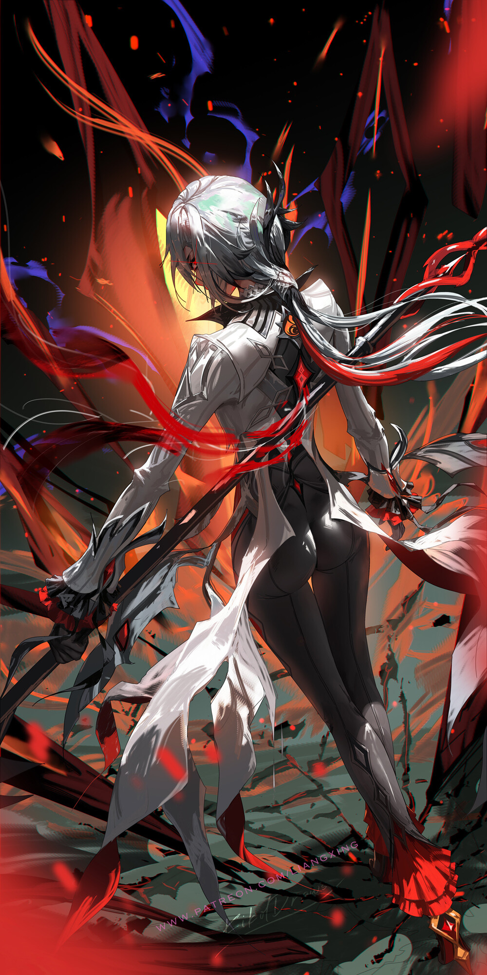 Jason Liang, drawing, Arlecchino Genshin Impact, the gap, weapon, red