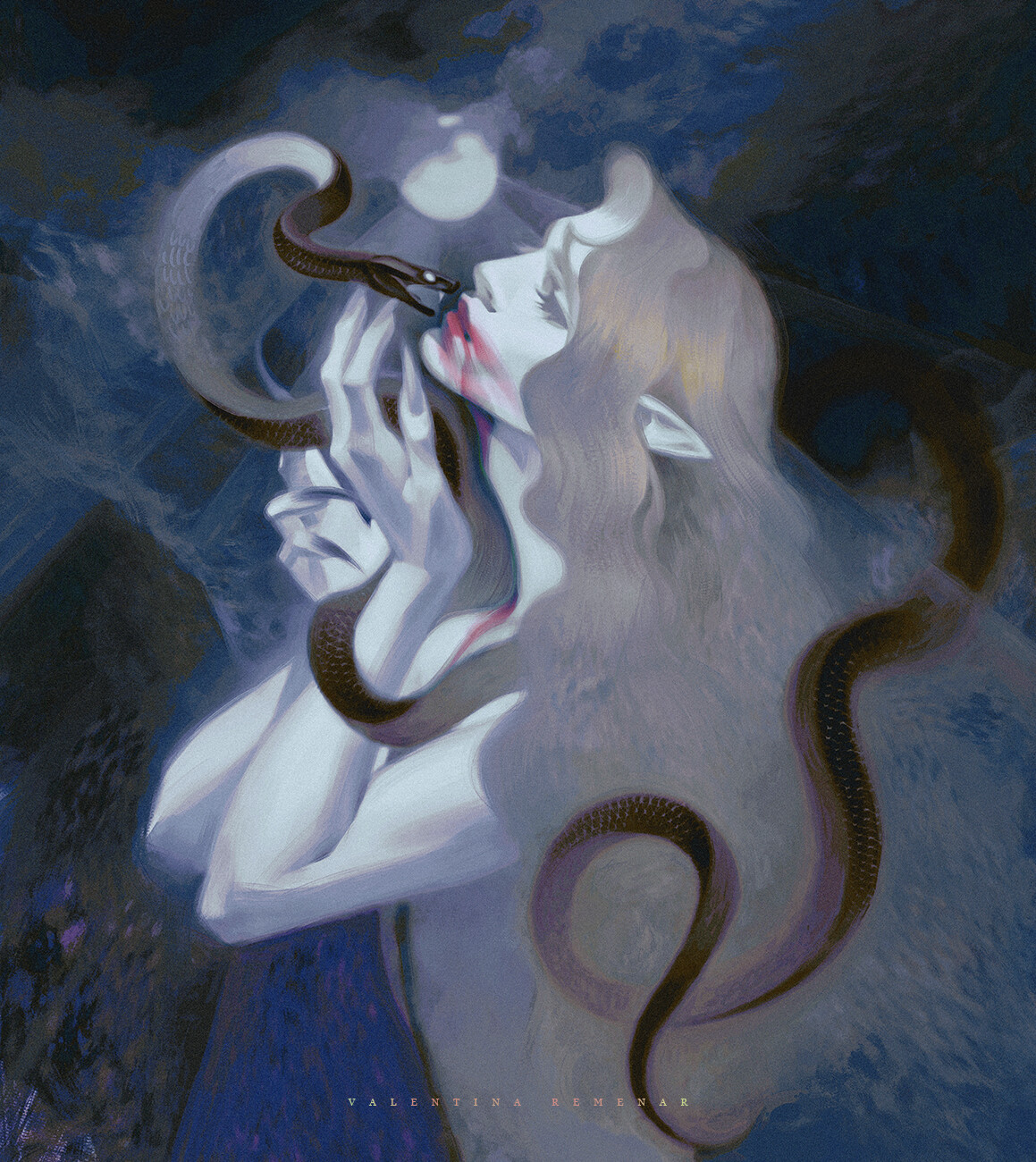 umělecká díla, ženy, had, krev, fantasy umění, dlouhé vlasy, plazi, Měsíc, pointy ears, zvěř, fantasy dívky