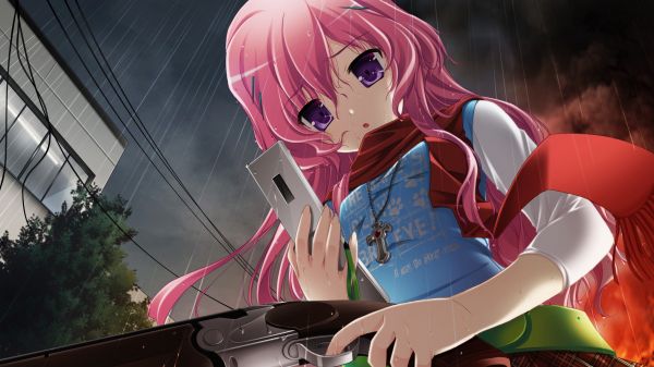 2560x1440 px, anime, CG, belts, Cellphones, clouds