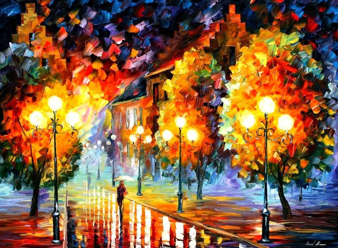 slunečnímu záření, malování, podzim, pouliční osvětlení, déšť, umělecká díla, večer, cesta, Leonid Afremov, barva, strom, podzim, květ, sezóna, moderní umění