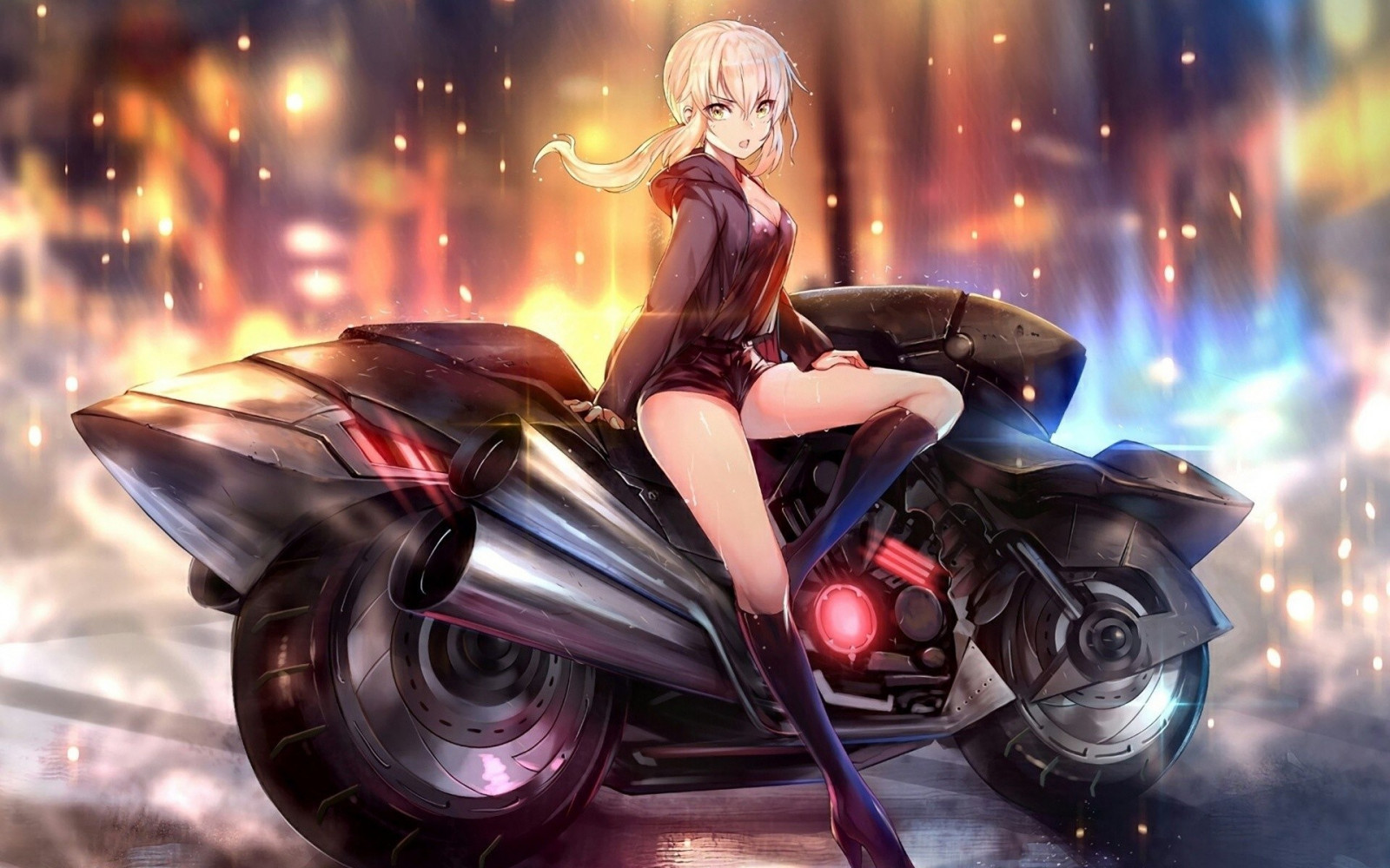 Fondos de pantalla Chicas anime, motocicleta, Saber Alter, Noche de