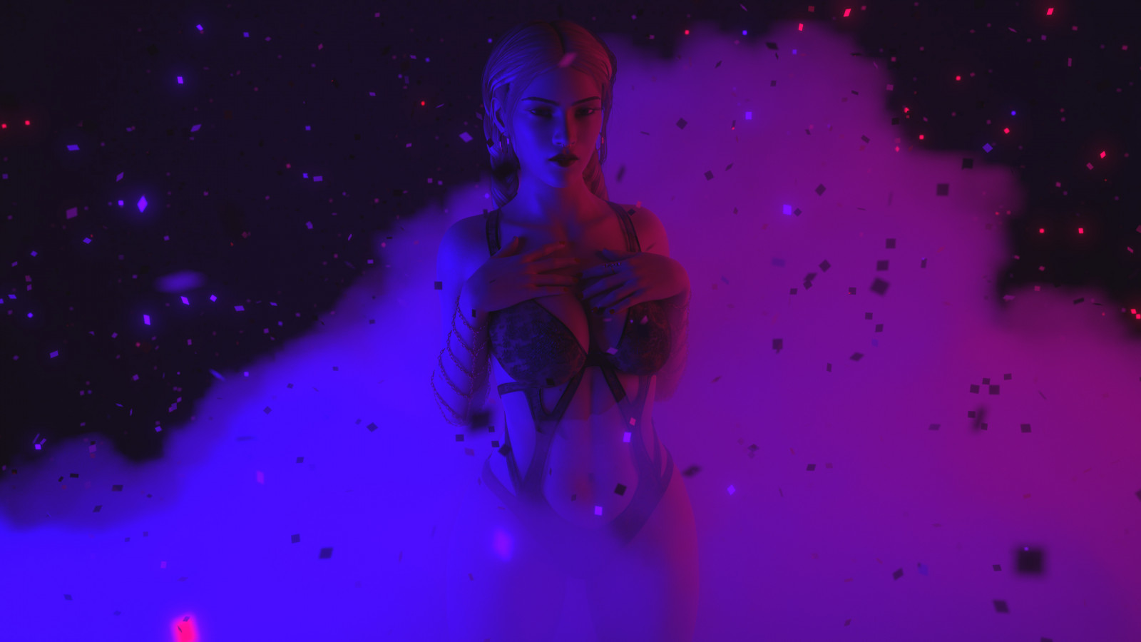 3D Abstract, gengive, Daz 3D, fletninger, Kvinder, lingeri, røg, lyserød, blå, lilla, flager, konfetti, store bryster, blond, gold chains, CGI, cyberpunk, natklub, neon
