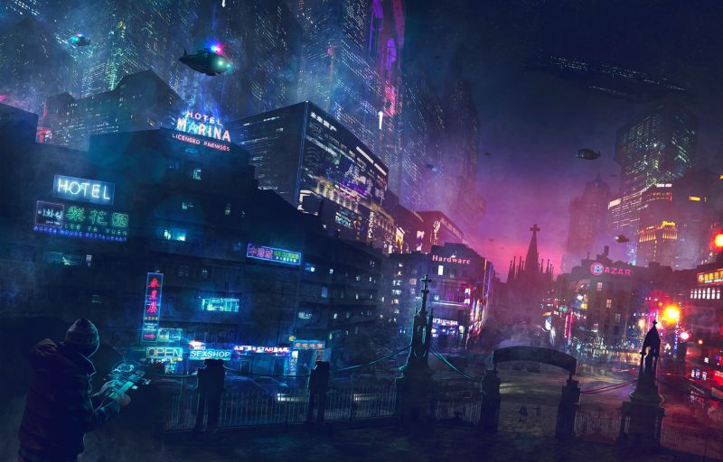 město, sci-fi, cyberpunk, neon